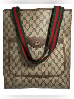 Gucci GG Supreme Canvas & Brown Leather Red Green Sherry Stripe Vintage Tote Bag